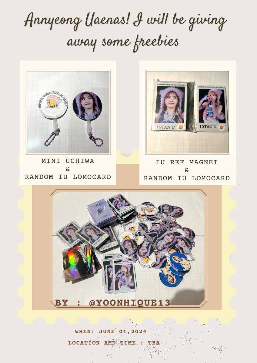 IU HEREH IN MANILA FREEBIES 🐥 

See you Uaenas! I will be giving away Mini Uchiwa freebies and IU ref magnet + lomo card on HEREH DDAY😉

🐣 rt+like to spread
🐣 Loc and time : TBA
🐣 1:1 ratio
🐣 open for trades

 #IU_HEREH_WORLD_TOUR_IN_MANILA  #아이유 #IU_HEREH