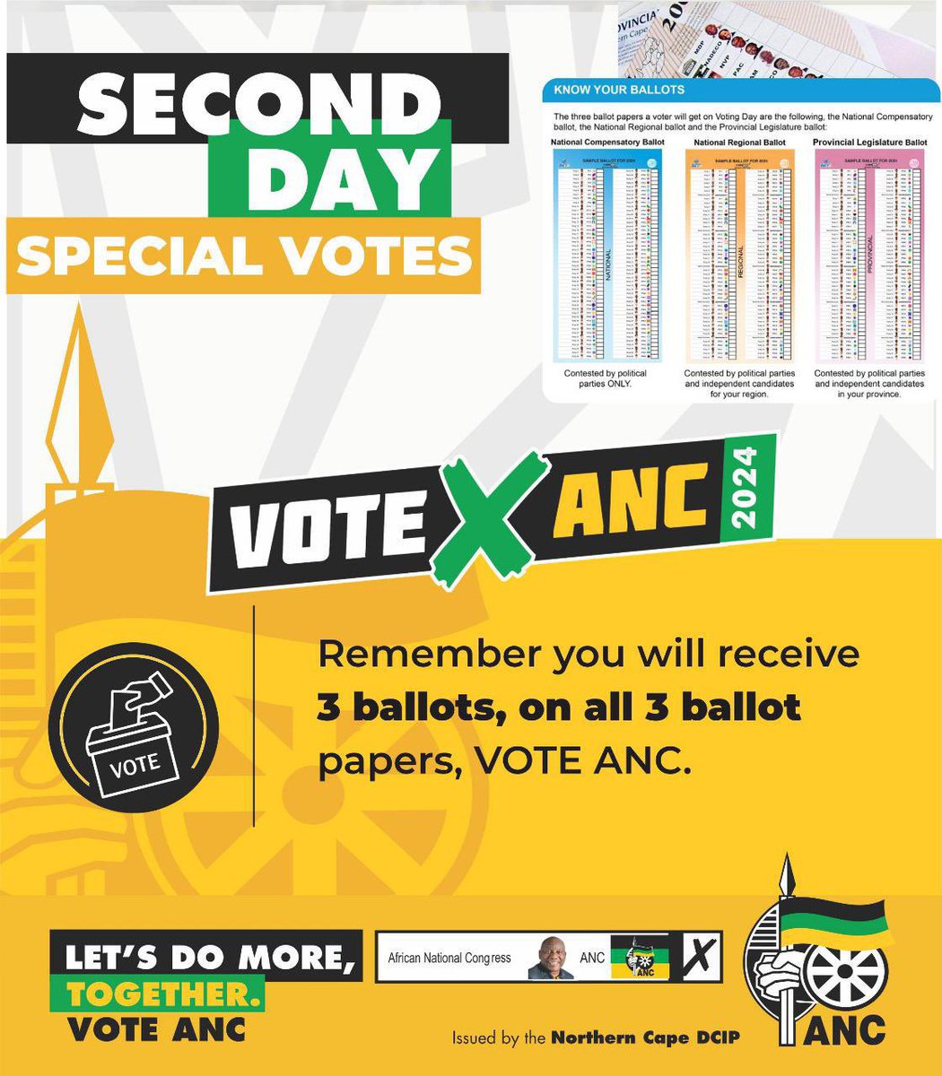 DAY 2 - SPECIAL VOTES All voters will receive 3 ballot papers at your voting station. Make sure you #VoteANC on all 3 ballot papers. Voting stations will be open from 09h00-17h00. #LetsDoMoreTogether #VoteANC2024 #IAmVotingANC