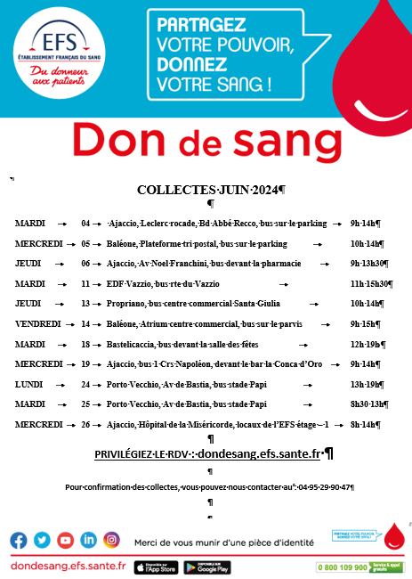 #Sang_timentaux Corses : les dates de collectes #dondesang pour #juin c'est dispo 💪 

#sauverdesviescestpasrien ! avec @EFS_dondesang