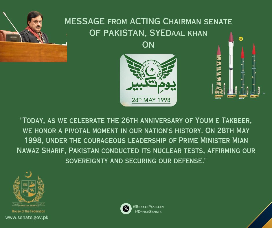 Message from Syedaal Khan, Acting Chairman Senate of Pakistan, on #YoumeTakbeer. <a href="/PMLNDigital/">PMLN Digital</a> <a href="/pmln_org/">PMLN</a> <a href="/PmlnMedia/">PMLN Media</a> <a href="/CMShehbaz/">Shehbaz Sharif</a> <a href="/NawazSharifMNS/">Nawaz Sharif</a> <a href="/MaryamNSharif/">Maryam Nawaz Sharif</a>
