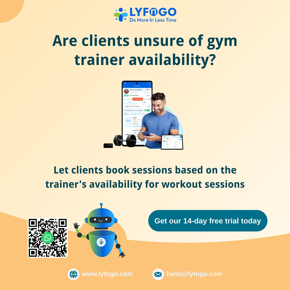 Stop the Scheduling Struggle and Start Crushing Your Fitness Goals!
Book sessions instantly based on your trainer's current availability.
Get a personalized program designed specifically for you and your goals.
Book your sessions today!
#LYFnGO #fitnesstips #life #today #trending
