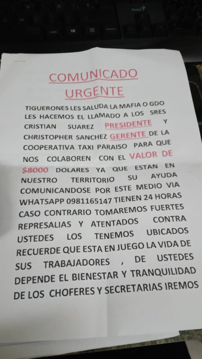 #URGENTE
¡ESTA ES LA “PAZ” DE NOBOA!
Estos panfletos aparecieron en los exteriores de la cooperativa de taxis “El Paraíso” después que sujetos desconocidos realizaron disparos en los exteriores