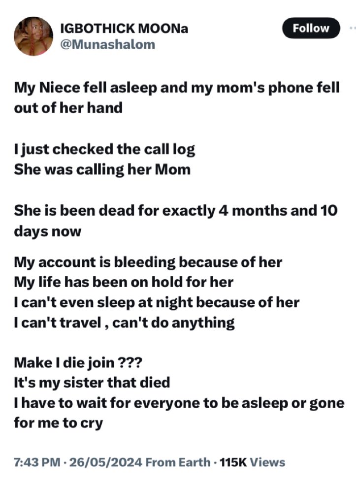 - Lady shares what her niece stayed up doing after her mom passed.