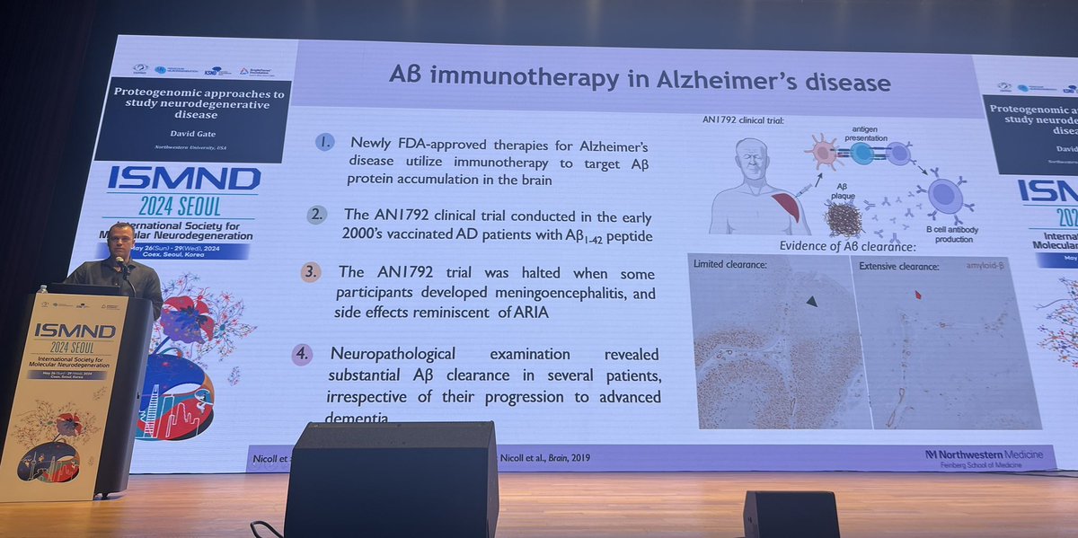 ISMND1's tweet photo. David Gate @DGateLab @NUFeinbergMed discusses #proteogenomic approaches to study #neurodegenerative disease #ISMND2024 https://t.co/wNuloFIjED