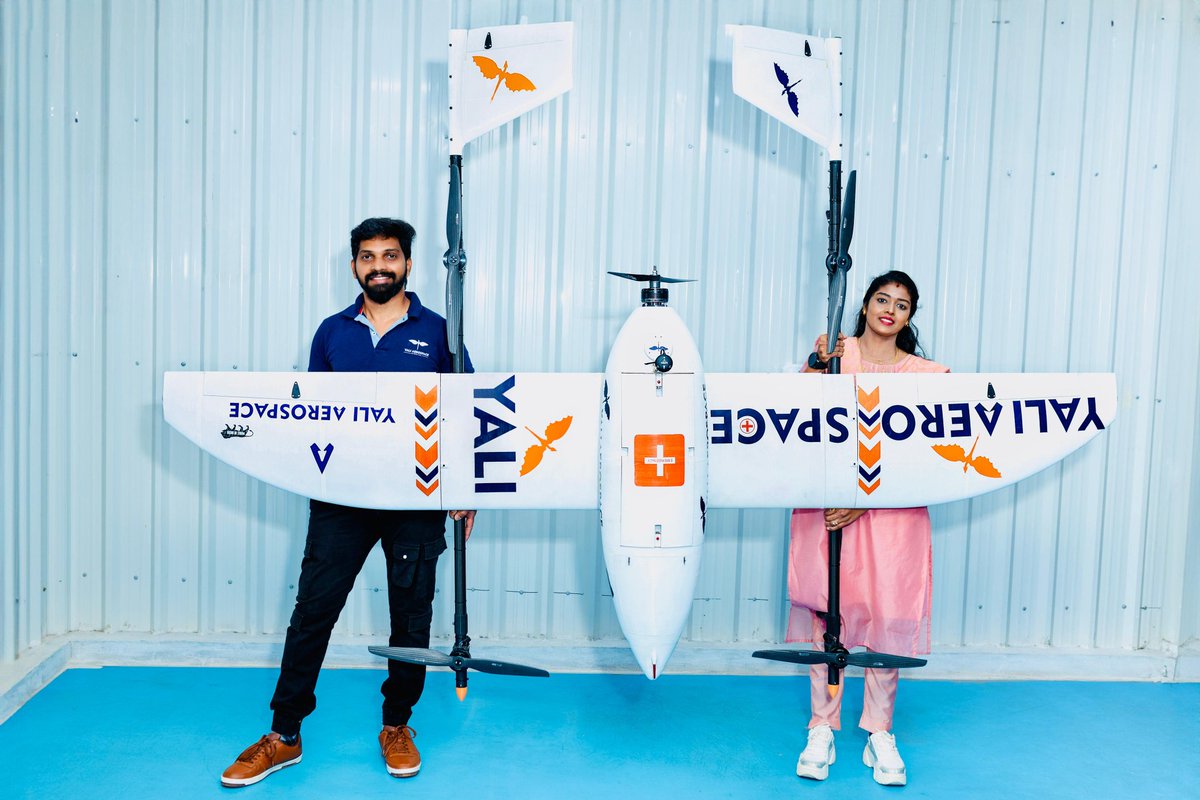 svembu's tweet image. We are happy to announce our investment in Yali Aerospace, a drone startup based in Tanjavur led by the husband and wife team of Dinesh Baluraj and Anugraha. They returned from the Netherlands to their home town of Tanjavur to start this.
They have built a fixed wing drone with…