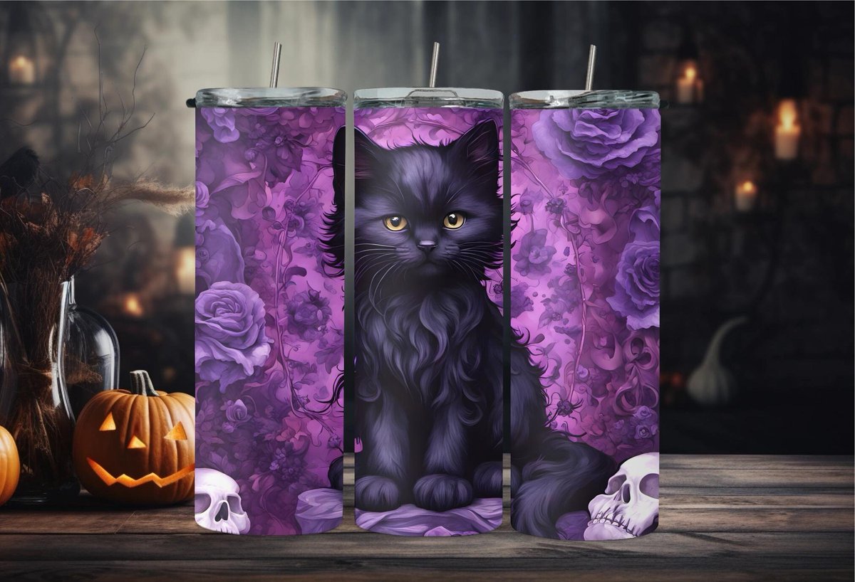 Cute Black cat and skulls purple floral background, 20oz and 30oz skinny and tapered tumbler wraps, sublimation PNG Digital Download tuppu.net/60260907 #Etsy #PaperlessPrettiesArt #TumblerDesign