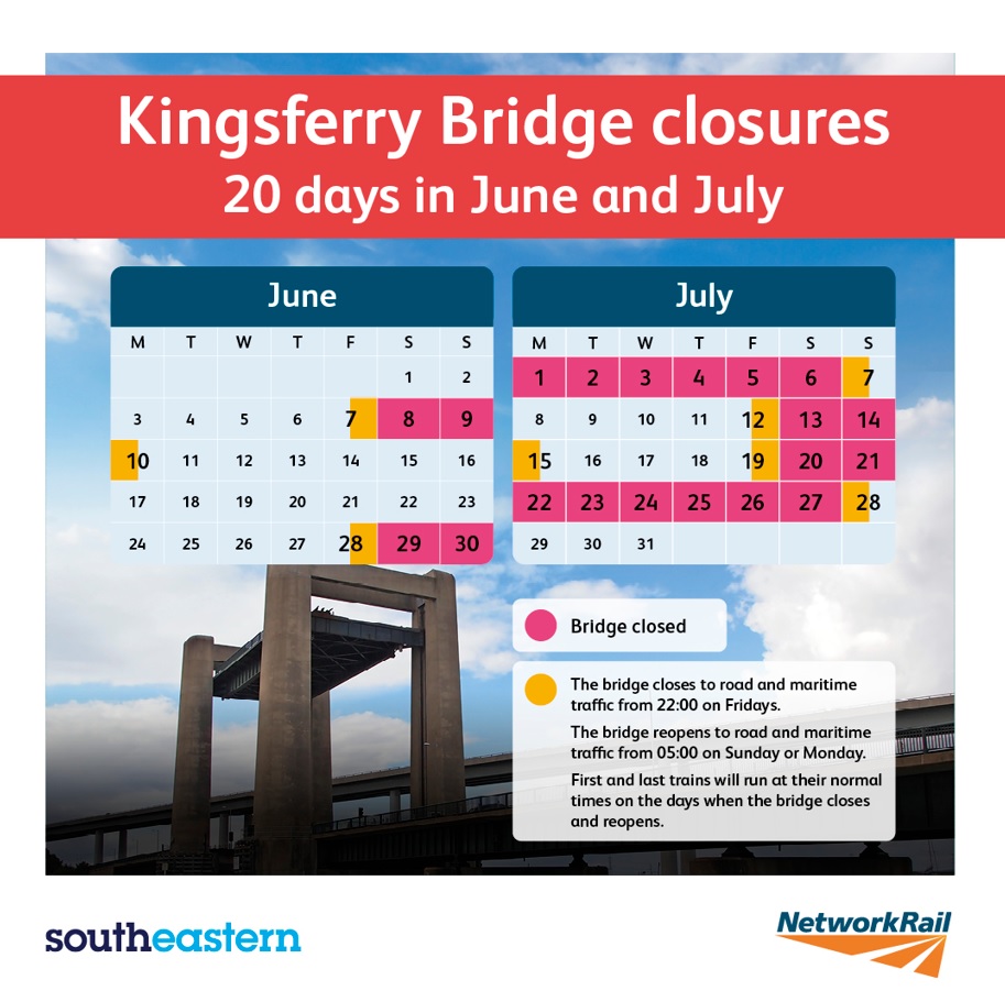 Buses will replace trains between Sheerness-on-Sea and Sittingbourne on the dates below #KingsferryBridge closing for urgent repairs Please check before you travel and leave more time for your journey More info at: southeasternrailway.co.uk/kingsferry