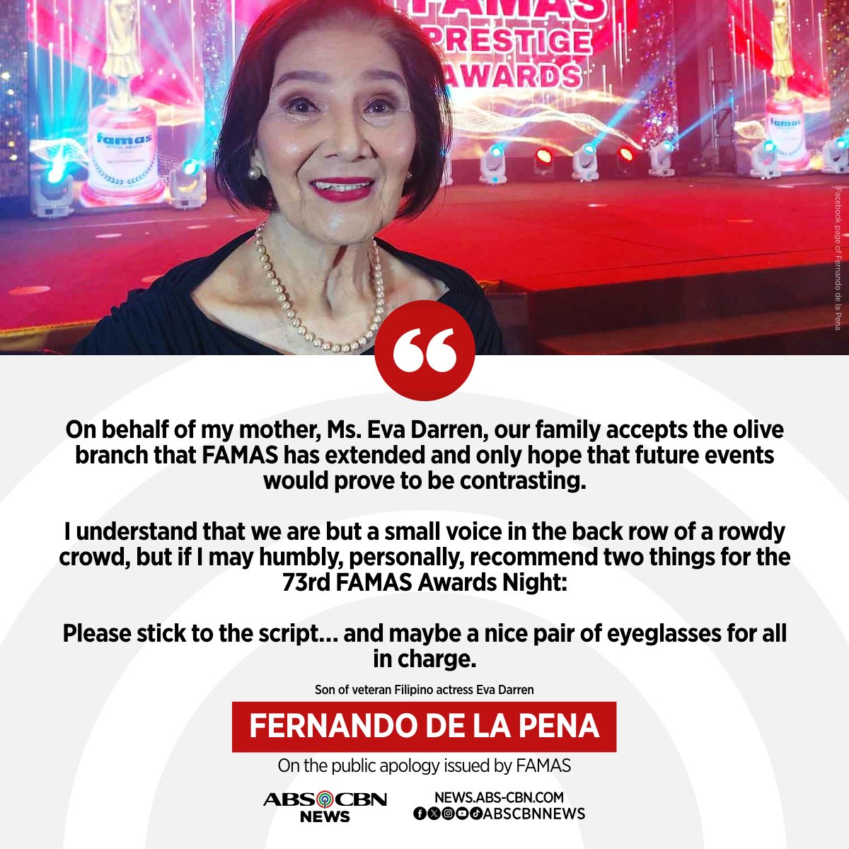 'Please stick to the script'

Screen veteran Eva Darren's family has accepted the apology of award-giving body FAMAS after it failed to let the actress present special citations as scheduled.

Here's what her son has to say about the incident: abscbn.news/3KDUCj3