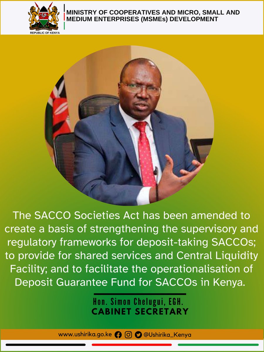 CS @CsChelugui ~The SACCO Societies Act has been amended to create a basis of strengthening the supervisory & regulatory frameworks for deposit-taking SACCOs;.. & to facilitate the operationalisation of Deposit Guarantee Fund for SACCOs in 🇰🇪
#BETA
@SASRA_ke 
@coopnews 
@PSKilemi