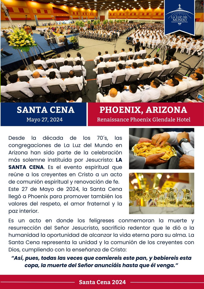 iglesialldm's tweet photo. La Luz del Mundo celebra la Santa Cena en Arizona.

"Porque todas las veces que comiereis este pan y bebiereis esta copa, la muerte del Señor anunciáis hasta que el venga".

(1 Corintios 11:26)

#SantaCena2024 | #ElAmorNosUne | #SiempreUnidos https://t.co/ZMnMJEMGT9