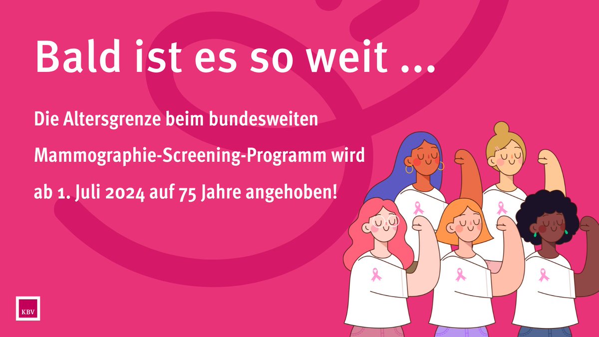 Schon gewusst? Ab 1. Juli können auch Frauen zwischen 70 und 75 Jahren am #Mammographie-Screening-Programm teilnehmen. Weitere Infos gibt es hier: kbv.de/html/themen_28…
#Frauengesundheit #Brustkrebs