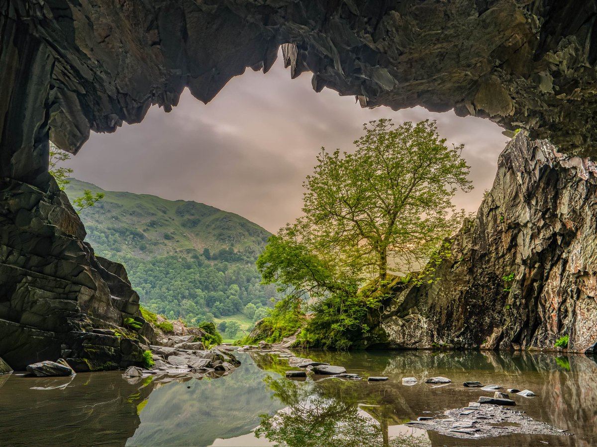 lakesrhino's tweet photo. Morning everyone hope you are well. With all the rain we've had in the Lake District recently, why not head for a cave? It's a little bit drier! View looking out of Rydal Cave towards Nab Scar. Have a great day. #LakeDistrict @keswickbootco https://t.co/ShIRbEGfLk