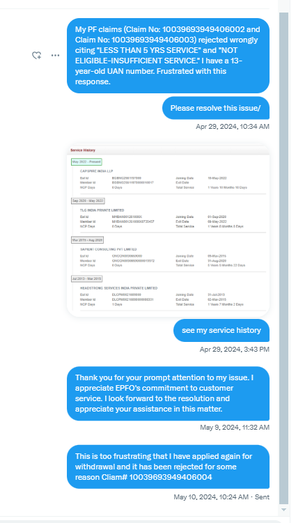 umashanker1980's tweet photo. @socialepfo,@PMOIndia I am writing to follow up on my previous communication regarding the rejection of my PF claims (Claim No: 10039693949406002, 10039693949406003, and 10039693949406004) and to express my frustration at not receiving a response after two months. https://t.co/tlk8sMWXSS