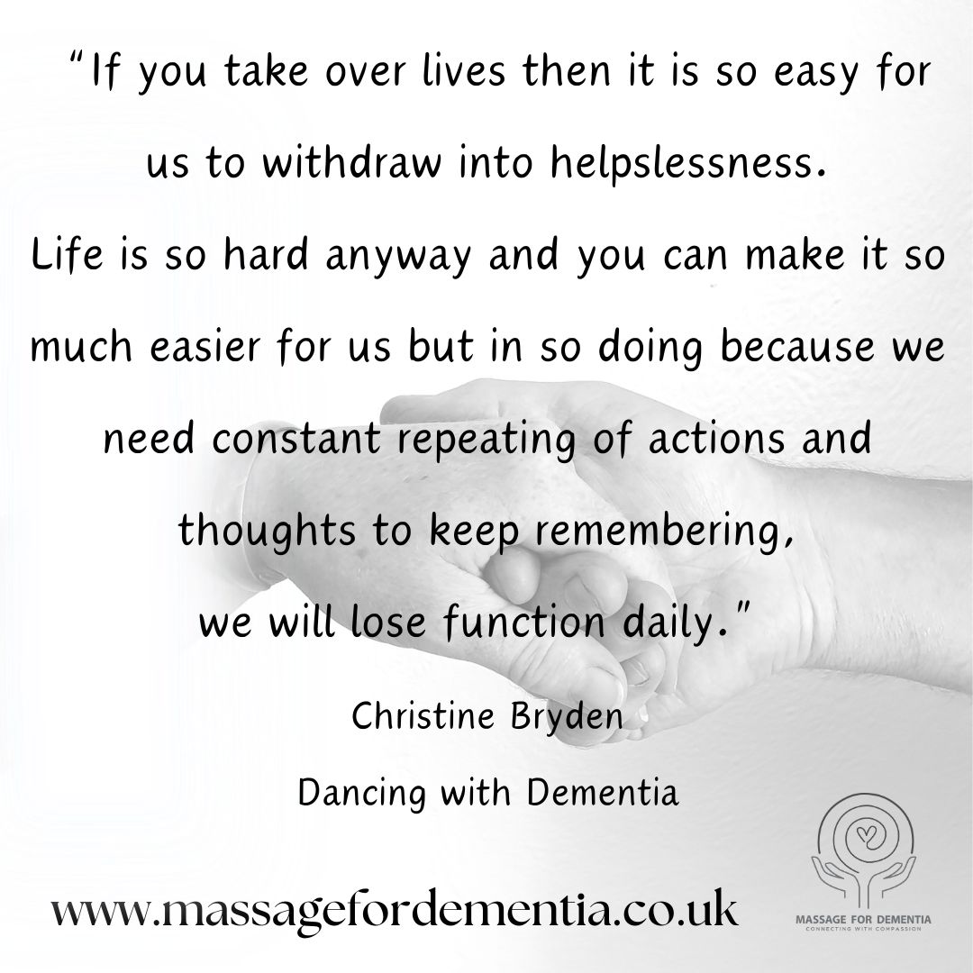 Massage4Dmentia's tweet photo. Most people I know who live with dementia
want to retain autonomy
not be cared for
done to
but enabled
empowered
through supported partnership
#TuesdayThoughts #dementia #WithNotTo #Together #community #MeetMeWhereIAm #DementiaInformed #inclusive #DementiaAwareness #enable https://t.co/YiYA07LsiG