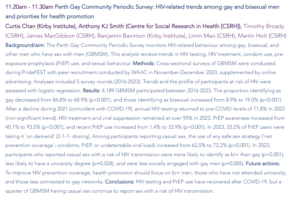 I will be presenting on the Perth Gay Community Periodic Surveys at the <a href="/SiREN_WA/">SiREN</a> Symposium this Friday. See you there! #SIREN24 <a href="/martinxholt/">Martin Holt</a> @anthonykjsmith