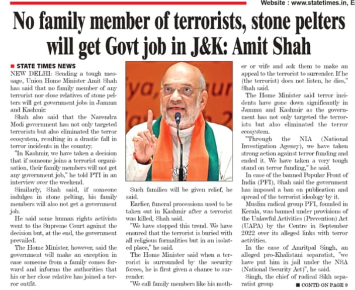 No family member of terrorists, stone pelters will get Government job in J&K: Union Home and Cooperation Minister Shri @AmitShah