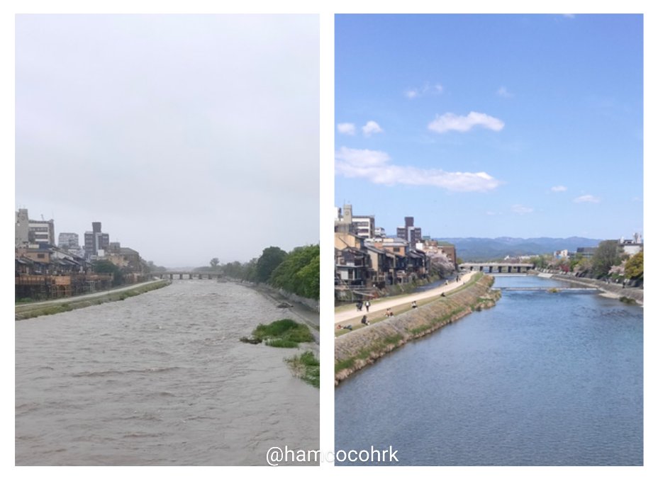 今日の鴨川（左）と、4月中旬の天気の良い日の鴨川（右）@四条大橋から。かなり水面が上がっている。