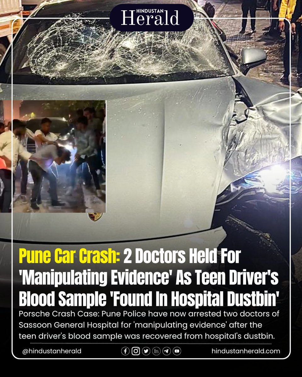 Shocking development in Pune's Porsche crash case as 2 doctors arrested for evidence tampering. Teen driver's blood sample found in hospital dustbin. Demand justice! #hindustanherald #PuneCarCrash #PorscheCrash #JusticeForVictims