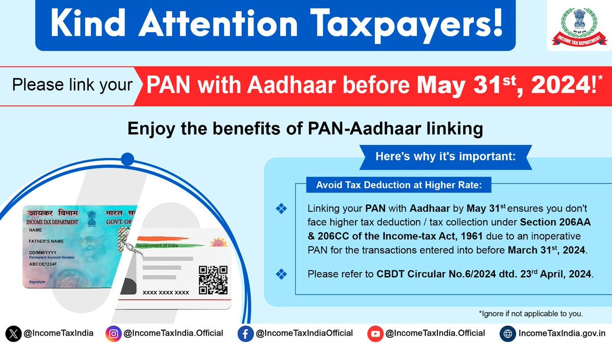 📢 Attention Taxpayers 📢

Link your PAN with Aadhaar before May 31, 2024, to prevent higher tax deductions. Refer to CBDT Circular No.6/2024 dated April 23, 2024, for details. (Via PIB)

#Taxation #PANAadhaarLinking #CBDT #TaxDeductions