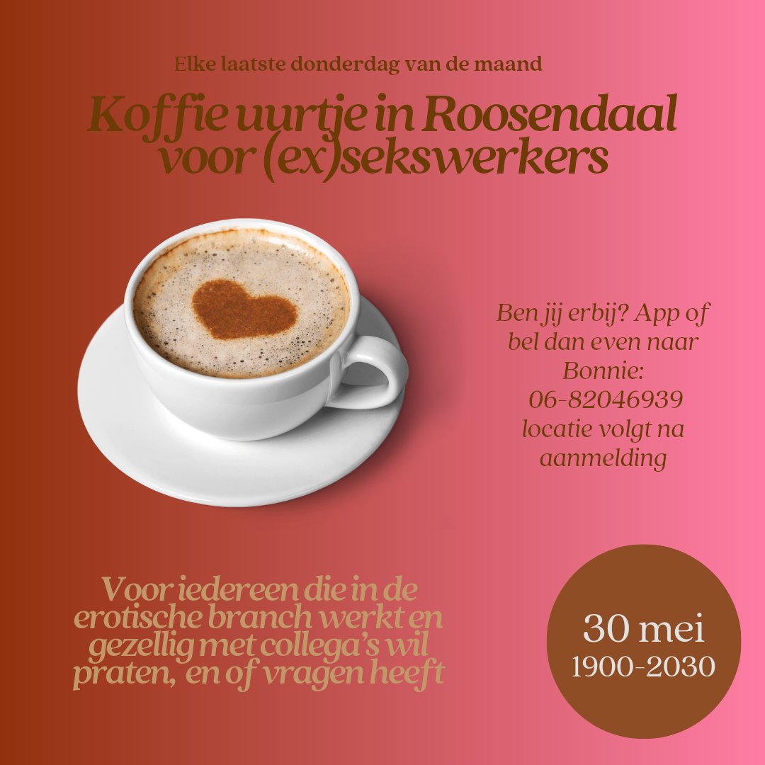 Elke laatste donderdag van de maand is er voortaan een koffie uurtje voor (ex) sekswerkers in Roosendaal. Gezellig kletsen met collega's.
Ben jij er ook bij?
#sekswerk #samenkoffie