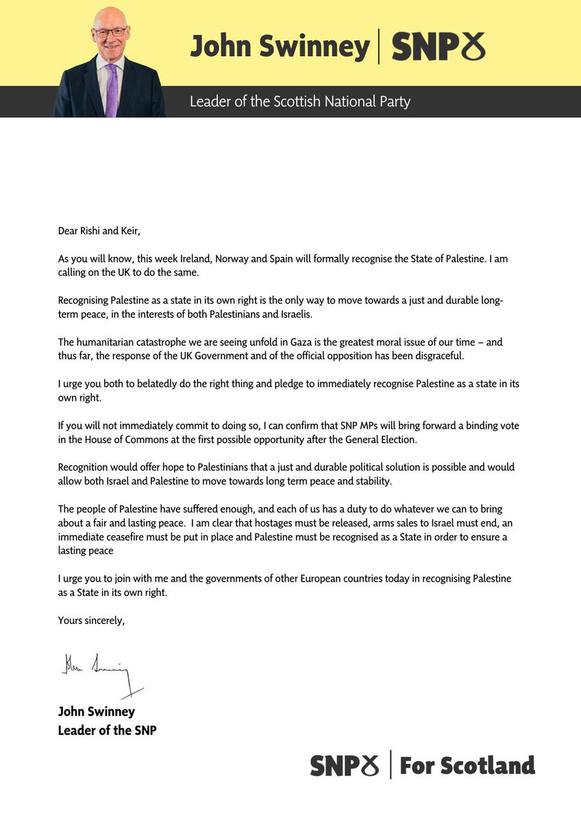 The people of Palestine have suffered enough. Each of us has a duty to do whatever we can to bring about a fair and lasting peace. I’ve written to @RishiSunak and @Keir_Starmer urging them to join me and other EU nations in recognising Palestine as a State in its own right.