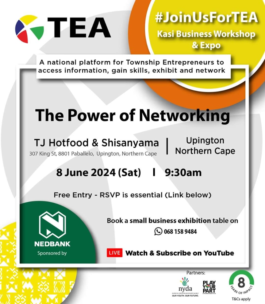 Attention Upington Entrepreneurs!

#JoinUsForTEA the Kasi Business Workshop and Expo in Paballelo, Upington, where we explore "The Power of Networking." Networking and building relationships are invaluable resources for every entrepreneur. Harness your networking skills, connect