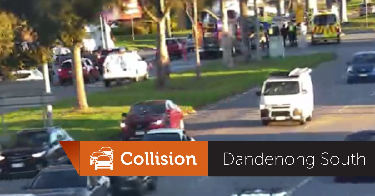 The right lane is closed southbound on Frankston-Dandenong Road, heading past Officeworks, after the Dandenong Bypass, due to a collision. Two lanes remain open, please merge safely. The speed limit past red and blue flashing lights is 40km/h. #victraffic