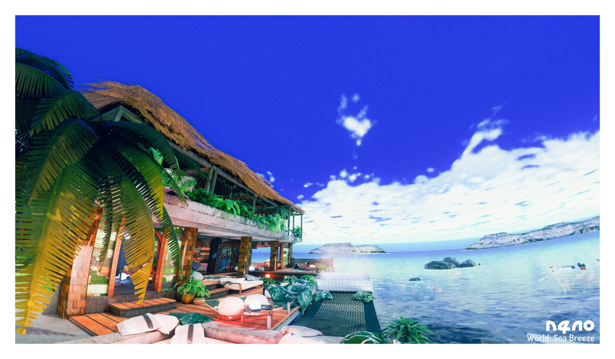 n4n0_VRC's tweet photo. きらきらと光揺らめく青い海に浮く、トロピカルムードのチルワールド

World: Sea Breeze
Author: WispyWoo
URL: https://t.co/U1k03H0Id8

#n4n0_pic 
#FlexFishEye 
#VRChat_world紹介 
#vrchatphotography https://t.co/BfNu8UufLW