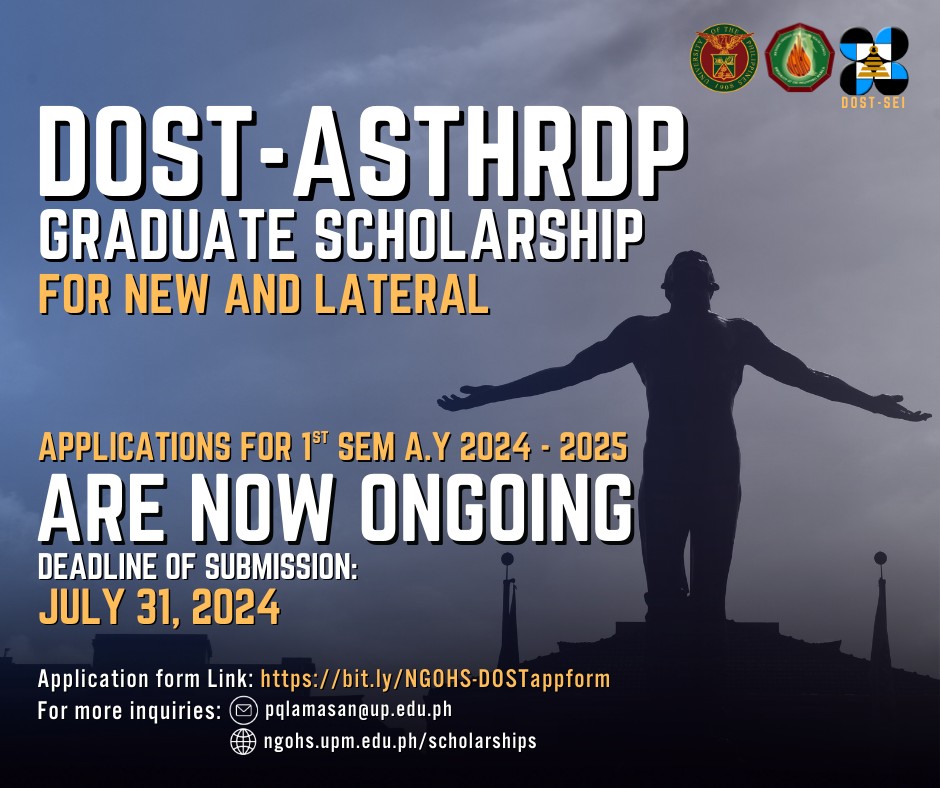 📢 CALL FOR APPLICATIONS! 

The DOST-ASTHRDP Scholarship is still accepting ✨NEW✨ and ✨LATERAL✨ applicants!

The deadline of application is on July 31, 2024.

For more details, please contact pqlamasan@up.edu.ph

#UniversityofthePhilippines #UP #UPManila #UPM
#SDG3 #SDG4