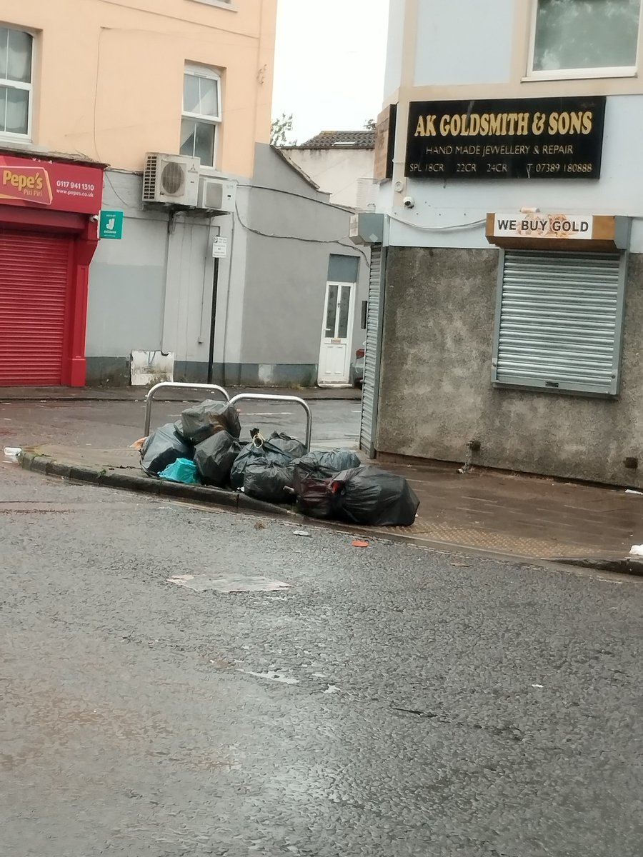 Hello <a href="/BristolCouncil/">Bristol City Council</a> <a href="/BristolWaste/">Bristol Waste</a> 
Another one this morning: Black bags dumped in the middle of the sidewalk. Bristol is a dump from the city center all the way Stapleton Road up to Eastville. BS5 is out of control: fly tipping, prostitution, drugs, unsafe 024-20240528-0732-092