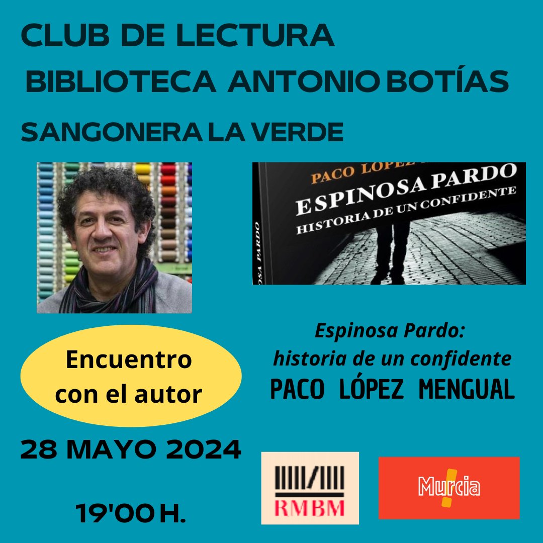 📚Hoy 𝕞𝕒𝕣𝕥𝕖𝕤 en la RMBM:
📕#ClubLF con <a href="/ASSIDOMURCIA/">ASSIDO</a> en San Basilio
📙Visitas escolares en Santiago el Mayor
📗Juegos de mesa en Sangonera la Verde
📘Club Dumas en Río Segura
📖Club de lectura con <a href="/PacoLMengual/">Paco López Mengual</a> en Sangonera la Verde
🔗rmbm.org
<a href="/AytoMurcia/">Ayuntamiento de Murcia</a>