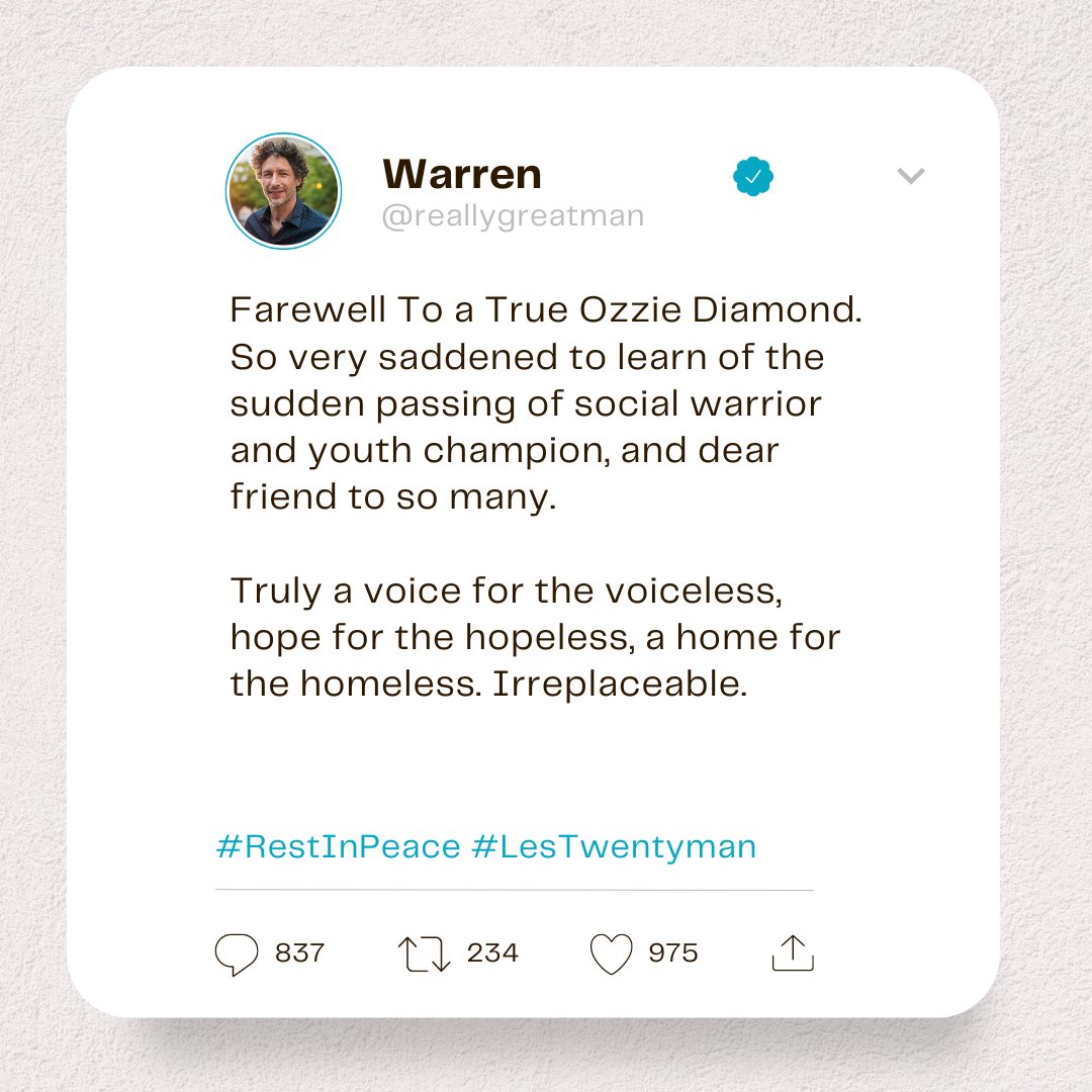 Your stories of Les’s kindness, dedication, and generosity have touched us all. Thank you for helping us honour his legacy and celebrate his life.

Les’s work and passion for helping others will always guide us. 🧡

#RestInPeace #LesTwentyman #Youth #Charity