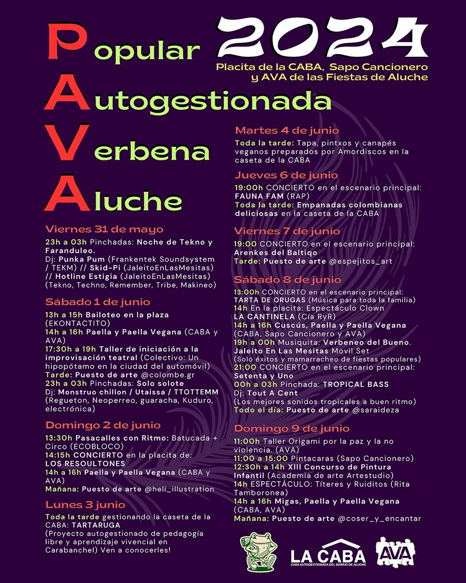 Este año en las fiestas de #Aluche compartimos nuestra PAVA con @ava_aluche y el @campamento_sapo , os esperamos en nuestra placita con muchas actividades. ¡Apoya la autogestión! 
#FiestasAluche2024