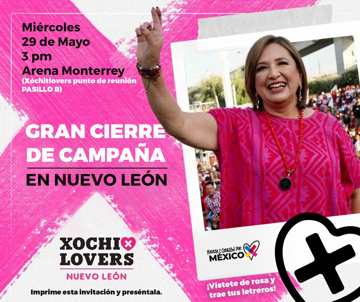 📢 Xochilovers, nos vemos mañana a las 3pm en el Pasillo B para este gran cierre de campaña. ¡Llega temprano! 🤞🏻🩷

¡Vamos juntos con fuerza y corazón a ganar y tener un #MxSinMiedo! 

Y recuerden, este 2 de Junio #VotaXóchitl