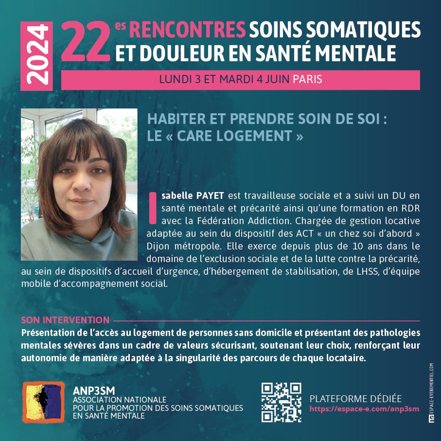 J-6 avant nos Rencontres ANP3SM 2024, l'occasion de vous présenter un autre intervenant que nous aurons le plaisir d'écouter !

Mme Payet est travailleuse sociale, elle s'implique au sein du dispositif des ACT "un chez soi d'abord" pierre angulaire au rétablissement !