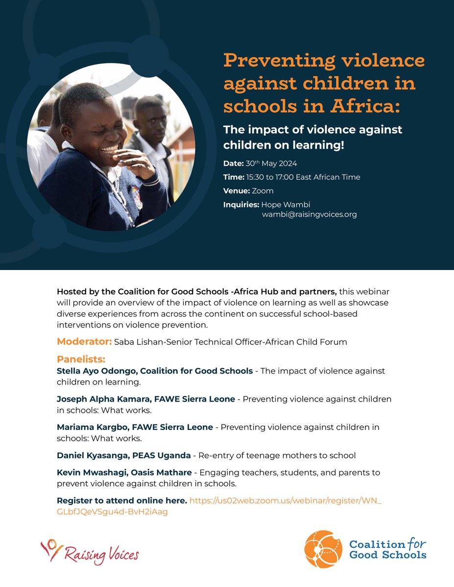📅 Mark your calendars! The Coalition for Good Schools - Africa Hub @forgoodschools invites you to a webinar on preventing school violence. Learn from diverse experiences and innovative interventions. Register now bit.ly/4aBhmKT