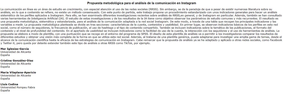 El Jueves 30 de Mayo, franja 4-4, Teorías y métodos de investigación (9 a 11 h aula 1.2), se expone la comunicación «Propuesta metodológica para el análisis de la comunicación en Instagram» de @mar2222 @CRISTIN78165066, María Vilaplana-Aparicio @lcodina
#AEICMurcia2024