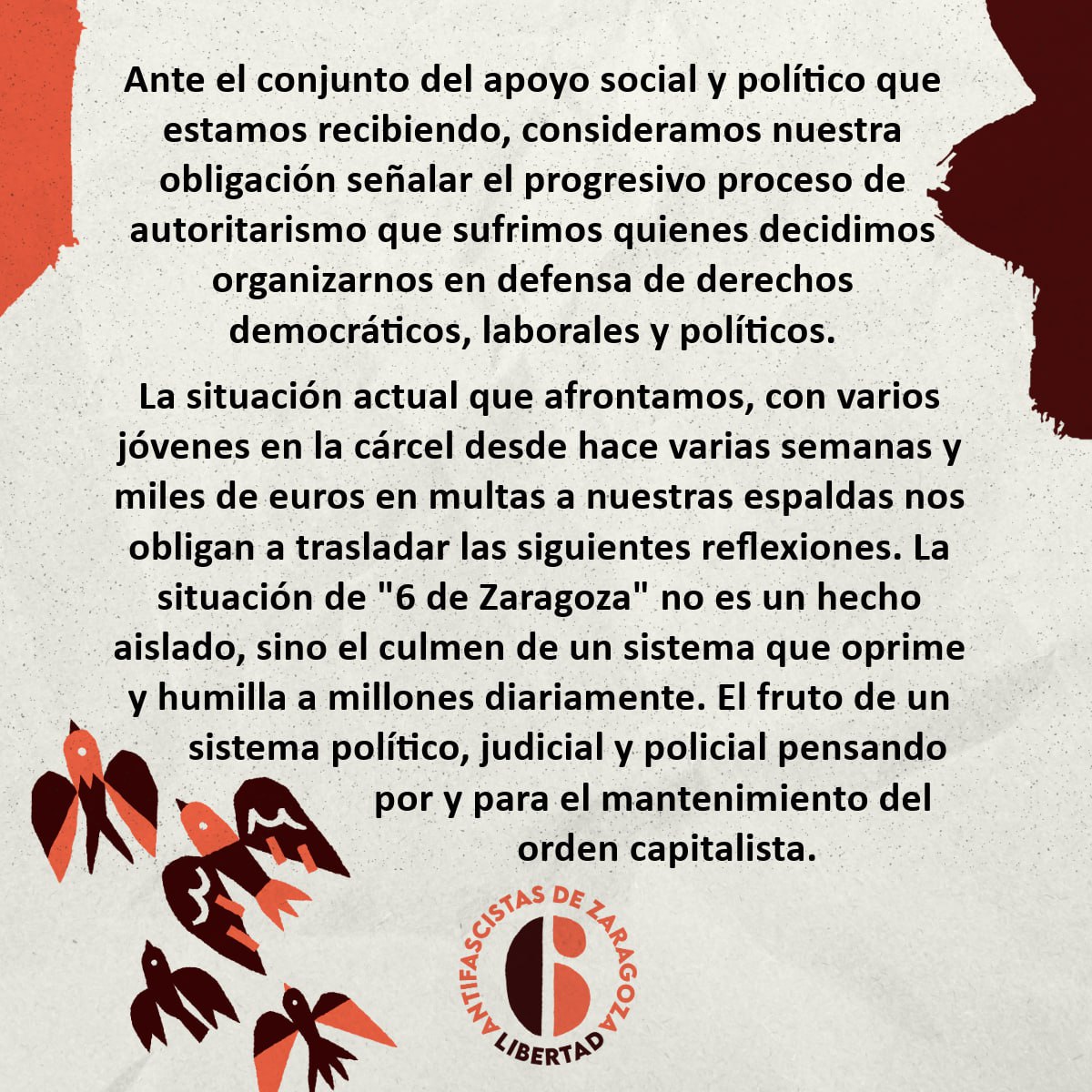 🔴 Ya son 43 días en prisión desde que ingresara el primero de los 6 de Zaragoza condenados por enfrentarse a la extrema derecha. 📌 Su caso no es aislado, se suma a la persecución de sindicalistas, activistas y militantes. Respondamos colectivamente: libertad6dezaragoza.info/por-la-constru…