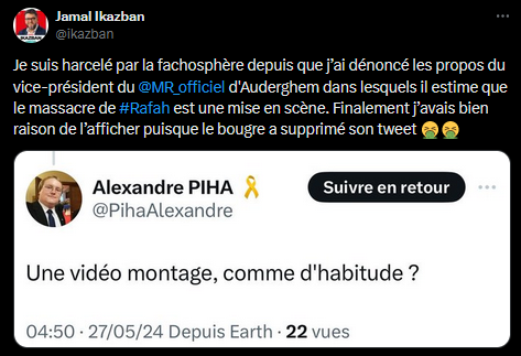 Jamal Ikazban, celui qui a manifesté avec Zoé Genot d'Ecolo pour faire libérer et rapatrier Oussama Atar, le cerveau des attentats de Paris-BXL. Plus de 150 innocents Français et Belges abattus par des terroristes Islamistes. Et il joue la pauvre petite victime...