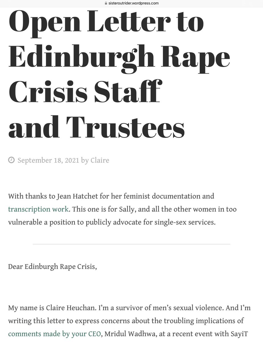 Claire Heuchan sends Open Letter to Edinburgh Rape Crisis Centre Staff and Trustees