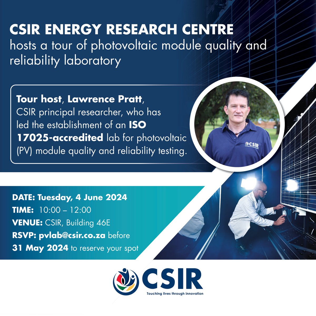 Join #TeamCSIR for a tour of the #PV module quality & reliability lab in PTA. The lab provides commercial testing services in compliance with international standards. 
4 June 2024
10:00 – 12:00
CSIR PTA
RSVP to pvlab@csir.co.za before 31 May to reserve your spot. Space is limited