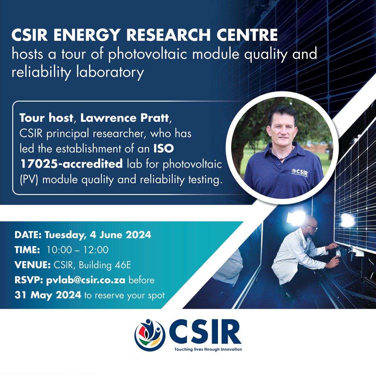 CSIR 🇿🇦 (@csir) on Twitter photo Join #TeamCSIR for a tour of the #PV module quality & reliability lab in PTA. The lab provides commercial testing services in compliance with international standards.
4 June 2024
10:00 – 12:00
CSIR PTA
RSVP to pvlab@csir.co.za before 31 May to reserve your spot. Space is limited Join #TeamCSIR for a tour of the #PV module quality & reliability lab in PTA. The lab provides commercial testing services in compliance with international standards.
4 June 2024
10:00 – 12:00
CSIR PTA
RSVP to pvlab@csir.co.za before 31 May to reserve your spot. Space is limited