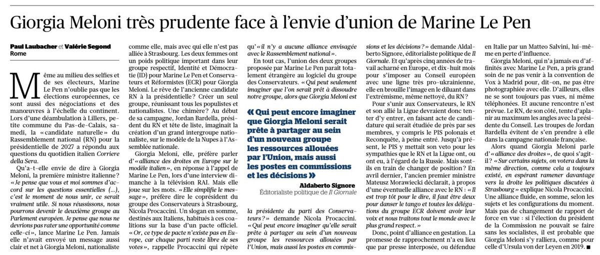 Dans cette article du Figaro 
Melonie montre sa frilosité , face au souhait du rapprochement souhaité par MLP dans le groupe ECR
Il n'est pas à l'ordre du jour

Surtout que le comportement du RN face à #Reconquête et ECR a été déplorable 
À  RT merci