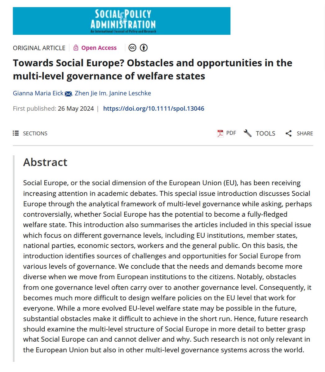 Just in time for #EP2024 @zhen_j_im, Janine Leschke and I published a special issue @spaajournal on the obstacles and opportunities for welfare policy on the EU level with 9 articles 🇪🇺 Thanks to all contributors! ⭐️ onlinelibrary.wiley.com/doi/10.1111/sp…