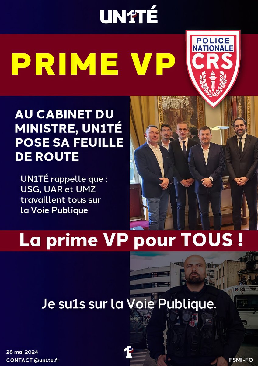 🔻PRIME VP CRS🔻 AU CABINET MINISTRE UN1TÉ POSE LA FEUILLE DE ROUTE UN1TÉ rappelle que : USG, UAR et UMZ travaillent tous sur la Voie Publique   La prime VP pour TOUS ! Je su1s sur la Voie Publique.