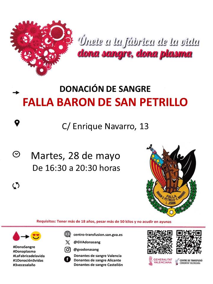 Dona sang a #València
📆dimarts #28mayo
📌Falla Barón de San Petrillo
Donar sang de manera regular garantix la disponibilitat de components sanguinis als hospitals.

#DonaSang, uneix-te a #LaFàbricaDeLaVida❤