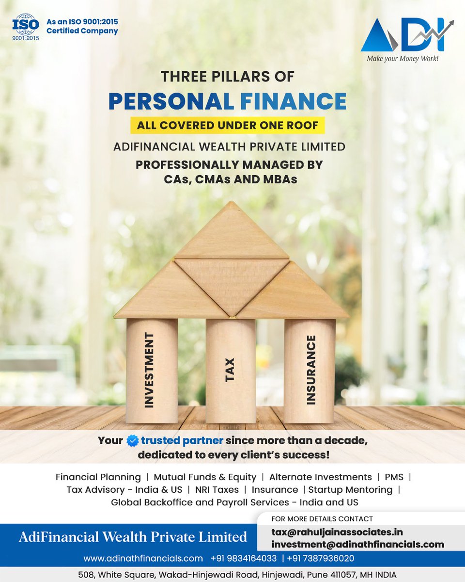 Experience comprehensive financial management with AdiFinancial Wealth, an ISO 9001:2015 certified company! Having over a decade of experience in Investment, Tax & Insurance. 
#AdiFinancialWealth #investment #tax #insurance #personalfinance #ISOCertifiedCompany #mutualfunds