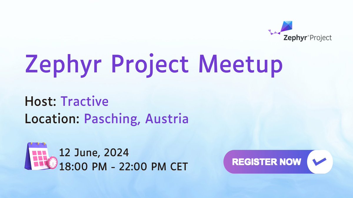 Mark your calendars for the @ZephyrIoT Meetup in Pasching, Austria on June 12, 2024! Join us for an exciting evening of presentations & networking focused on #opensource, #embeddedsystems programming, & #software development. Register today: hubs.la/Q02yw8fZ0