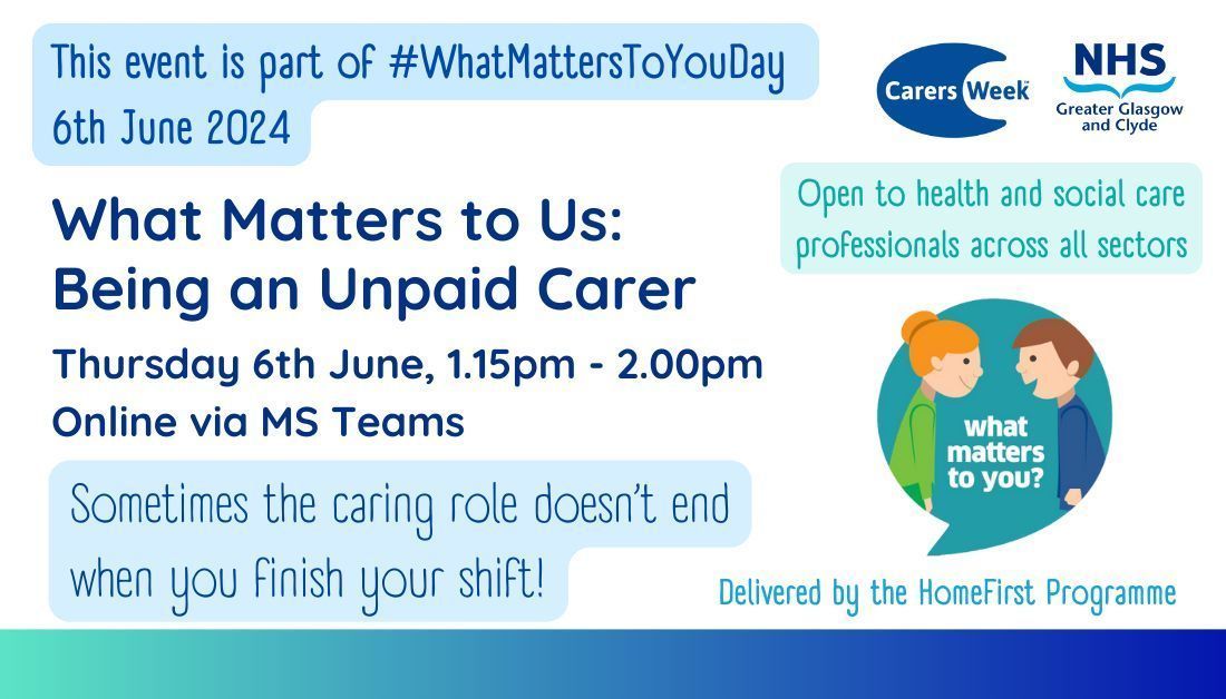NHSGGC_FCP's tweet photo. #WhatMattersToYou #CarersWeek

During this session we will highlight some of the policies and support available to staff to help them find a work-life balance.

To book ➡ https://t.co/CjQDe8K07v

@EastDunHSCP @GCHSCP @WDCouncil @RenHSCP @InverclydeHSCP @erhscp @nhsggc https://t.co/yakbfrclbh
