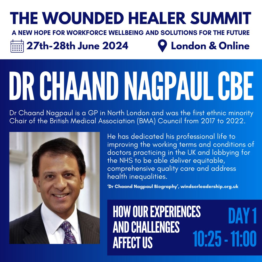 NHS Practitioner Health (@nhsprachealth) on Twitter photo Chaand Nagpaul CBE made strides by becoming the first ethnic minority Chair of the BMA. <a href="/CNagpaul/">Chaand Nagpaul</a> will be speaking on the panel session ‘How our experiences and challenges affect us’ on day 1 of #WoundedHealer24! Book your place today: bit.ly/thewoundedheal… Chaand Nagpaul CBE made strides by becoming the first ethnic minority Chair of the BMA. <a href="/CNagpaul/">Chaand Nagpaul</a> will be speaking on the panel session ‘How our experiences and challenges affect us’ on day 1 of #WoundedHealer24! Book your place today: bit.ly/thewoundedheal…